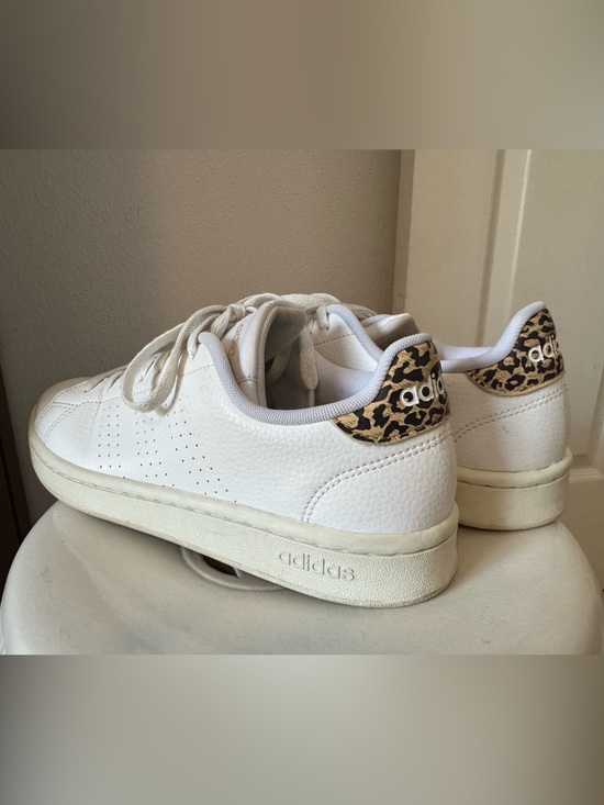 adidas Shoes - adidas Advantage White Sneakers with Leopard Heel Accent